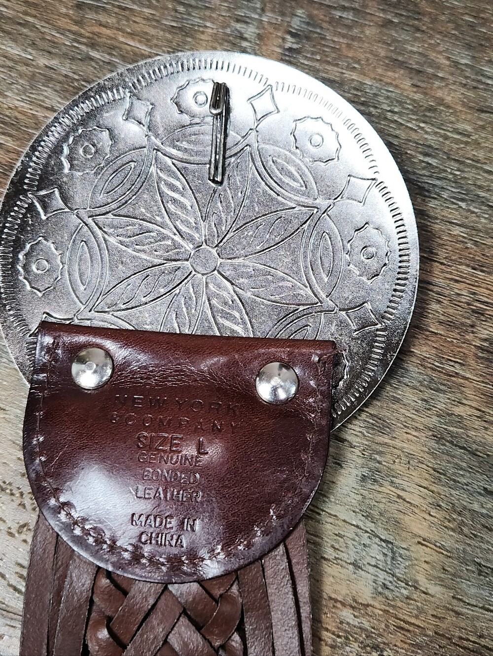 Boho Vibe: NY&Co Boho Braided Brown Leather Belt Large Silver Concho Buckle - Picture 8 of 9